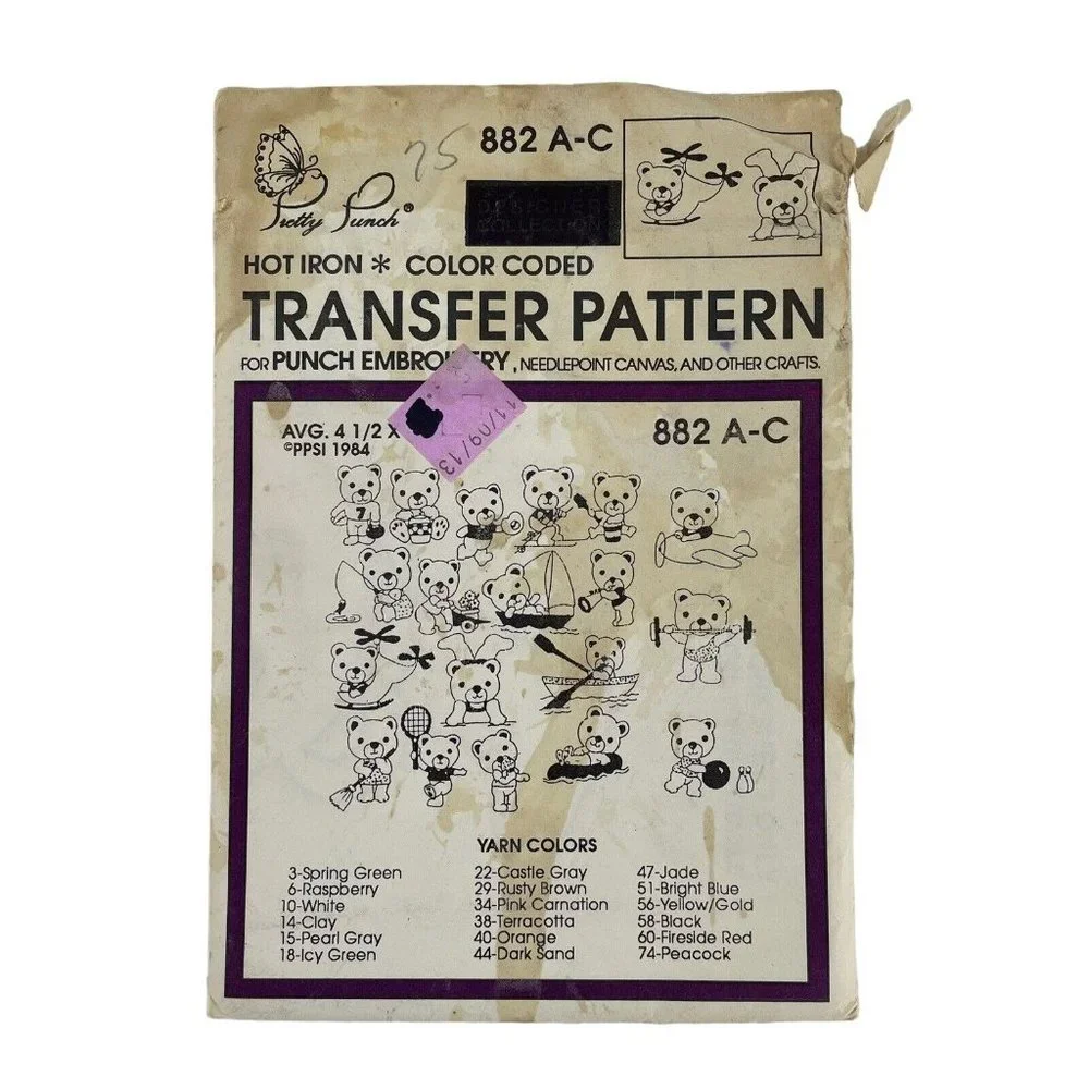 Pretty Punch Hot Iron Transfer Pattern‎ For Punch Embroidery Bears Dogs Apple